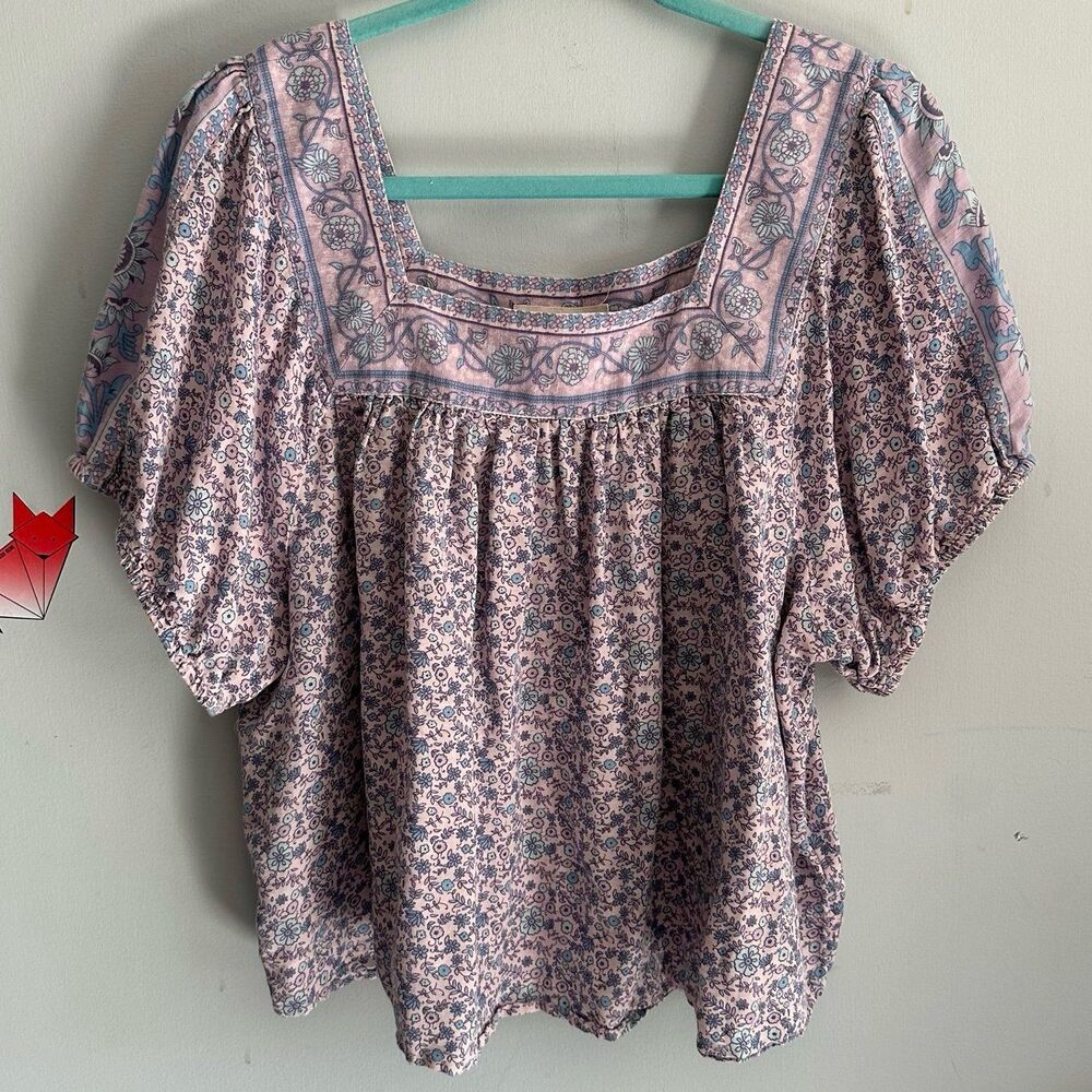 Lucky Brand Hippy Peasant Festival Square Neck Floral Flowy Billow Sleeve Blouse